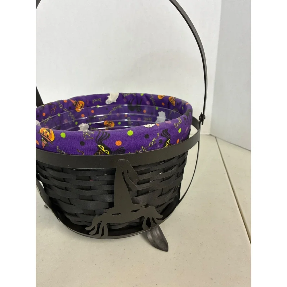 Longaberger Halloween Basket Black Woven Metal Stand Ghost Cat Liner Protector
